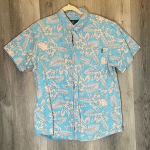 Molokai Surf Co XL Linen Cotton Hawaiian Shirt Blue Peach Floral Tropical Aloha